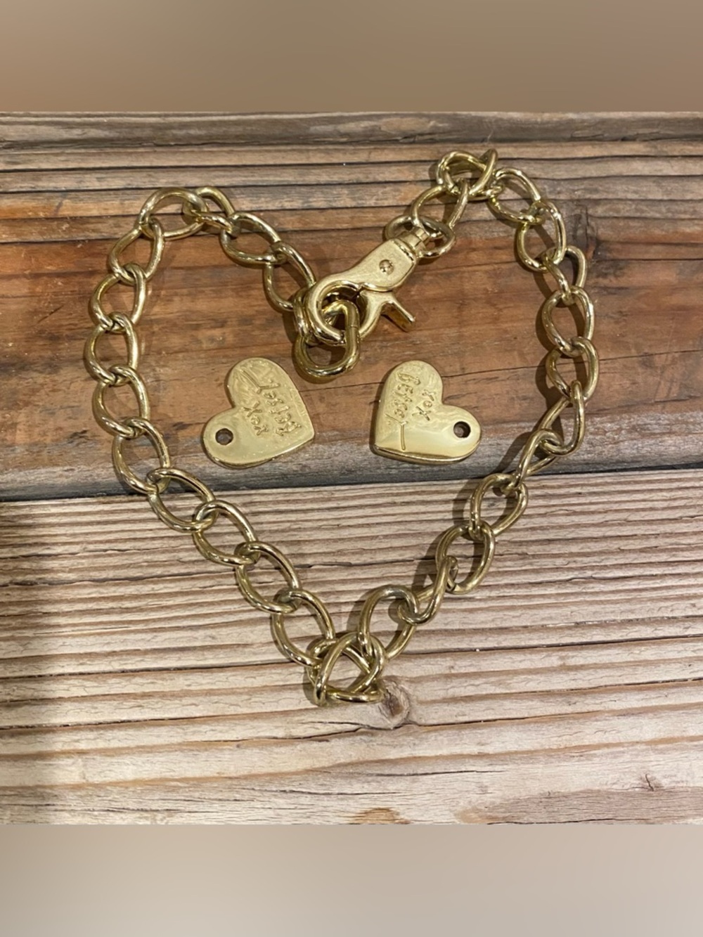Betsey Johnson Gold Tone Chunky Chain & X2 Betsey Logo Engraved Heart Charms